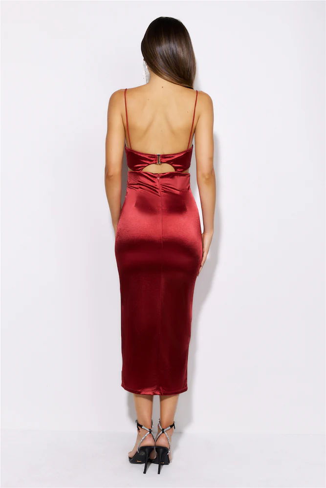 Sipping The Finest Satin Midi Dress Red