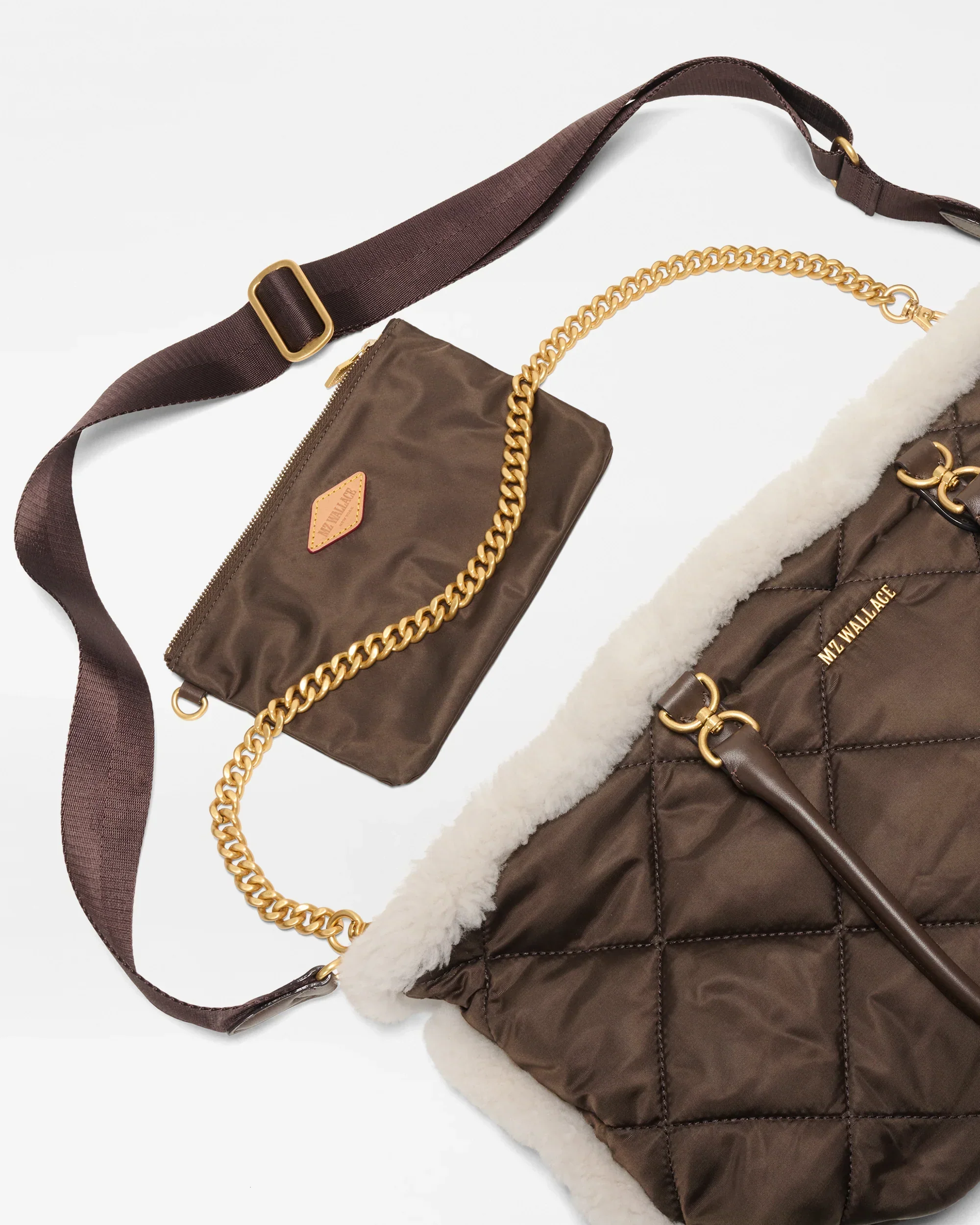 Shearling / Walnut Medium Madison E-W Tote