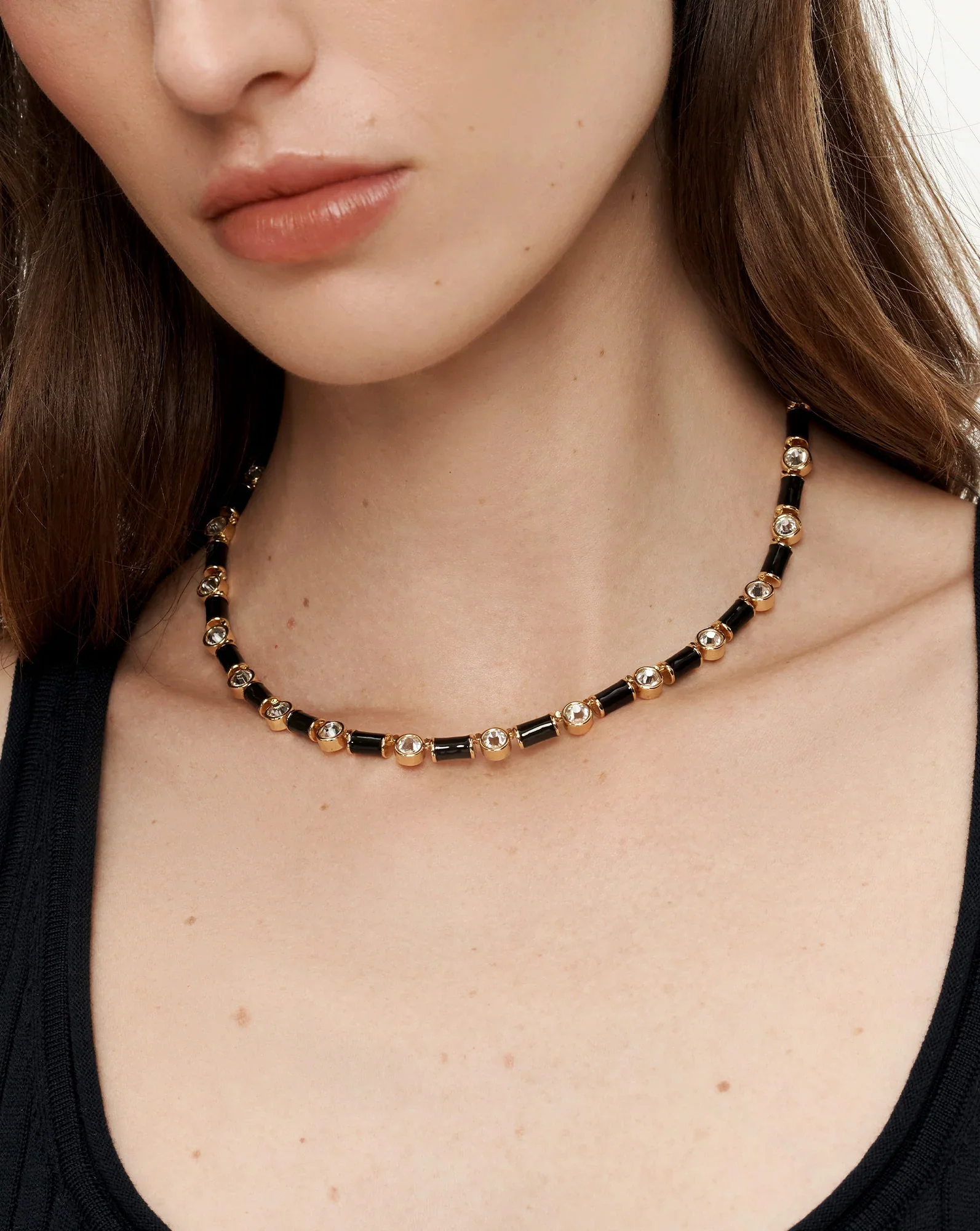 Black Enamel and Crystal Barrel Necklace