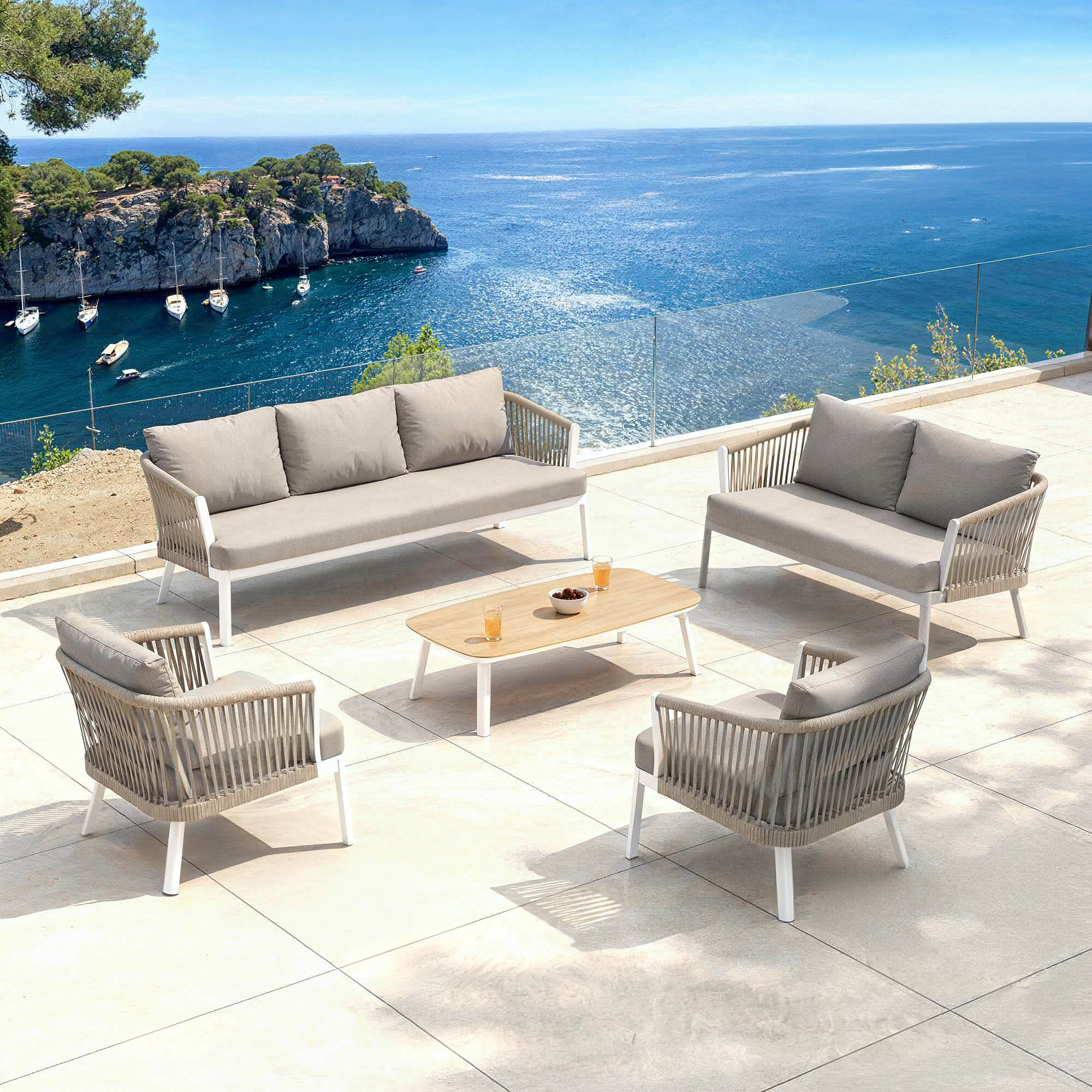 Salon de jardin en aluminium 7 places 5 pcs Amalfi Blanc et taupe - Action-sport36