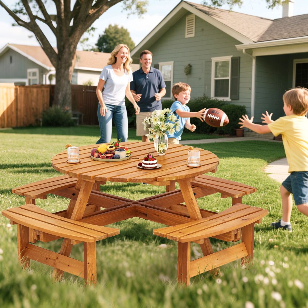 Ensemble Table de Pique-Nique en Bois pour 2 à 8 Personnes Set Table et Banc Circulaire avec 4 Bancs Intégrés Trou de Parasol de 5cm Marron/Jaune