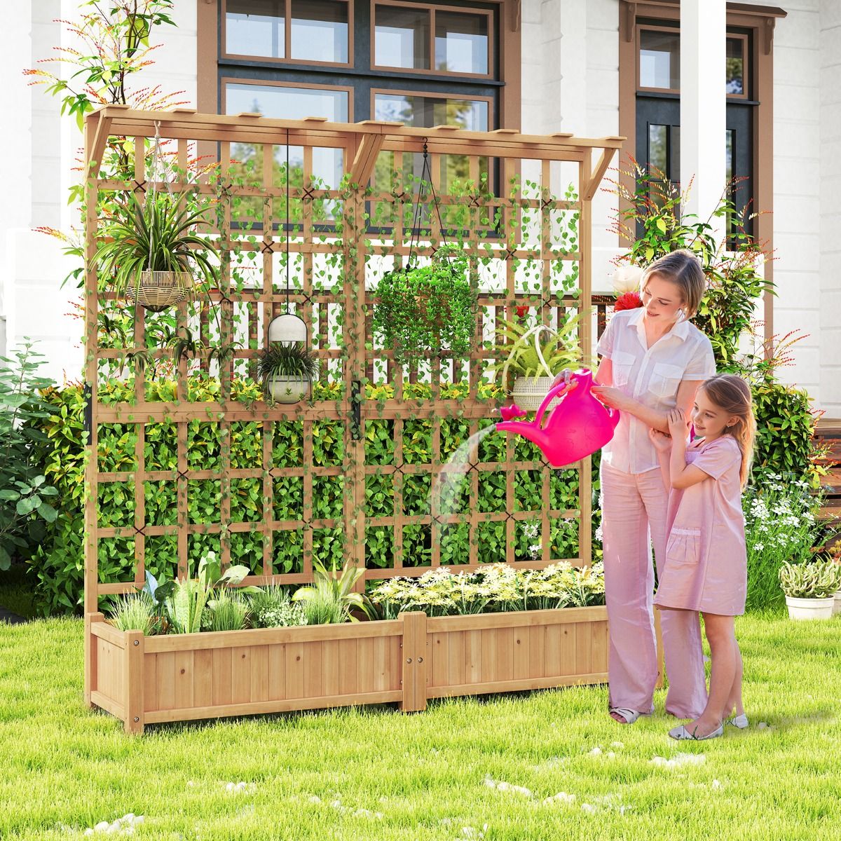 Jardinière avec 2 Treillis 2 Bacs Toit Suspendu en Bois Lit de Jardin Surélevé avec 4 Trous de Drainage 180 x 48 x 183 cm Orange