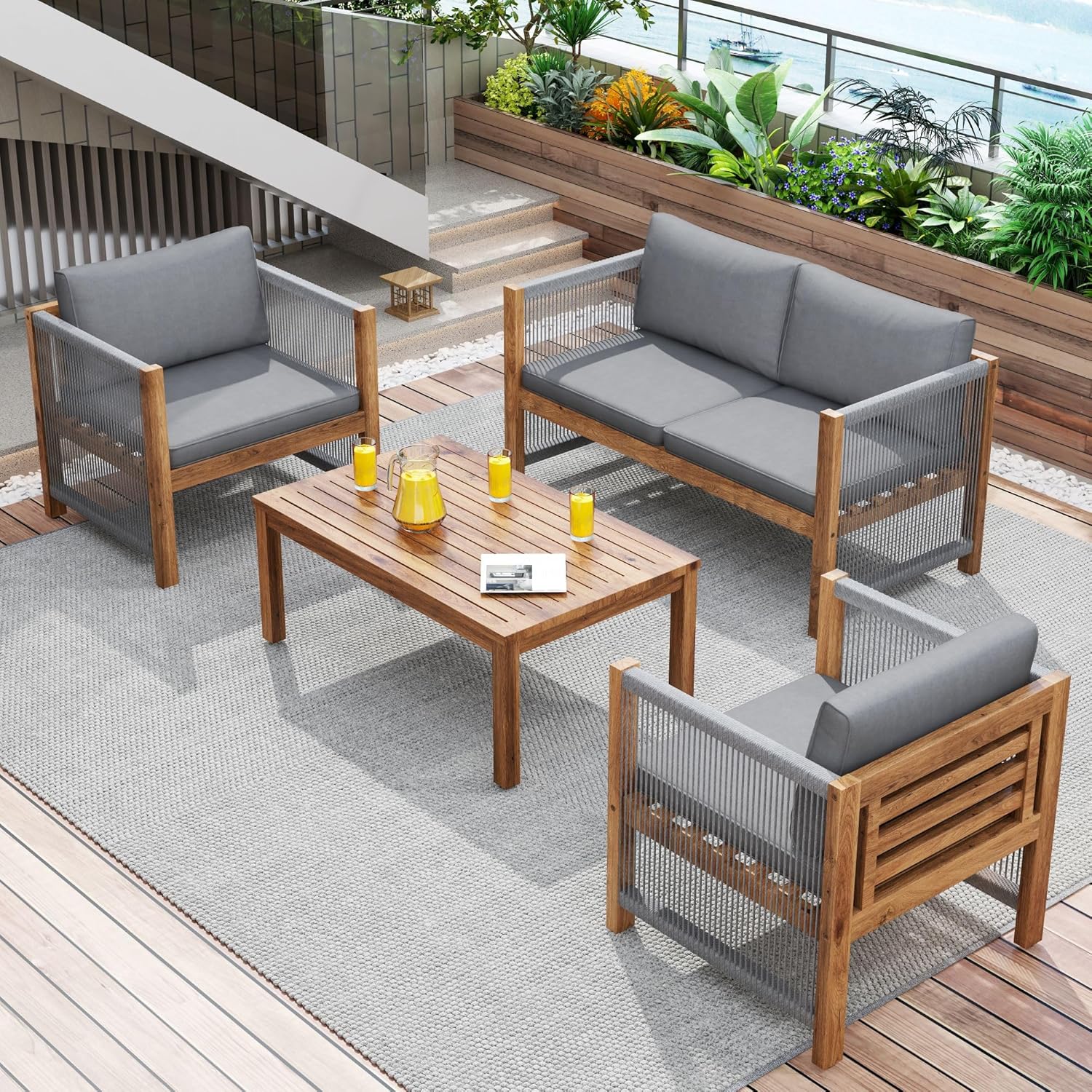 Zepneiy Salon de Jardin, Salon de Jardin 4 Personnes, avec canapé, Table Basse et Coussins, Housse en Tissu déhoussable et Lavable, Noir (Coussins d'assise Inclus)