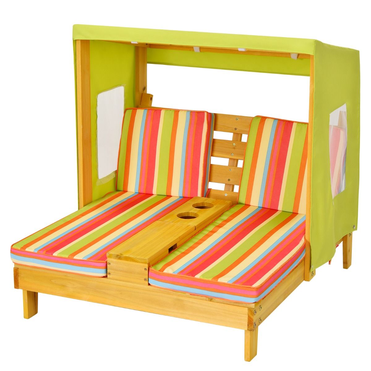 Chaise Longue pour Enfants 3-8 Ans Double Place en Bois avec Auvent Porte-gobelets Coussins Lavables Extérieur Supporté 50kg