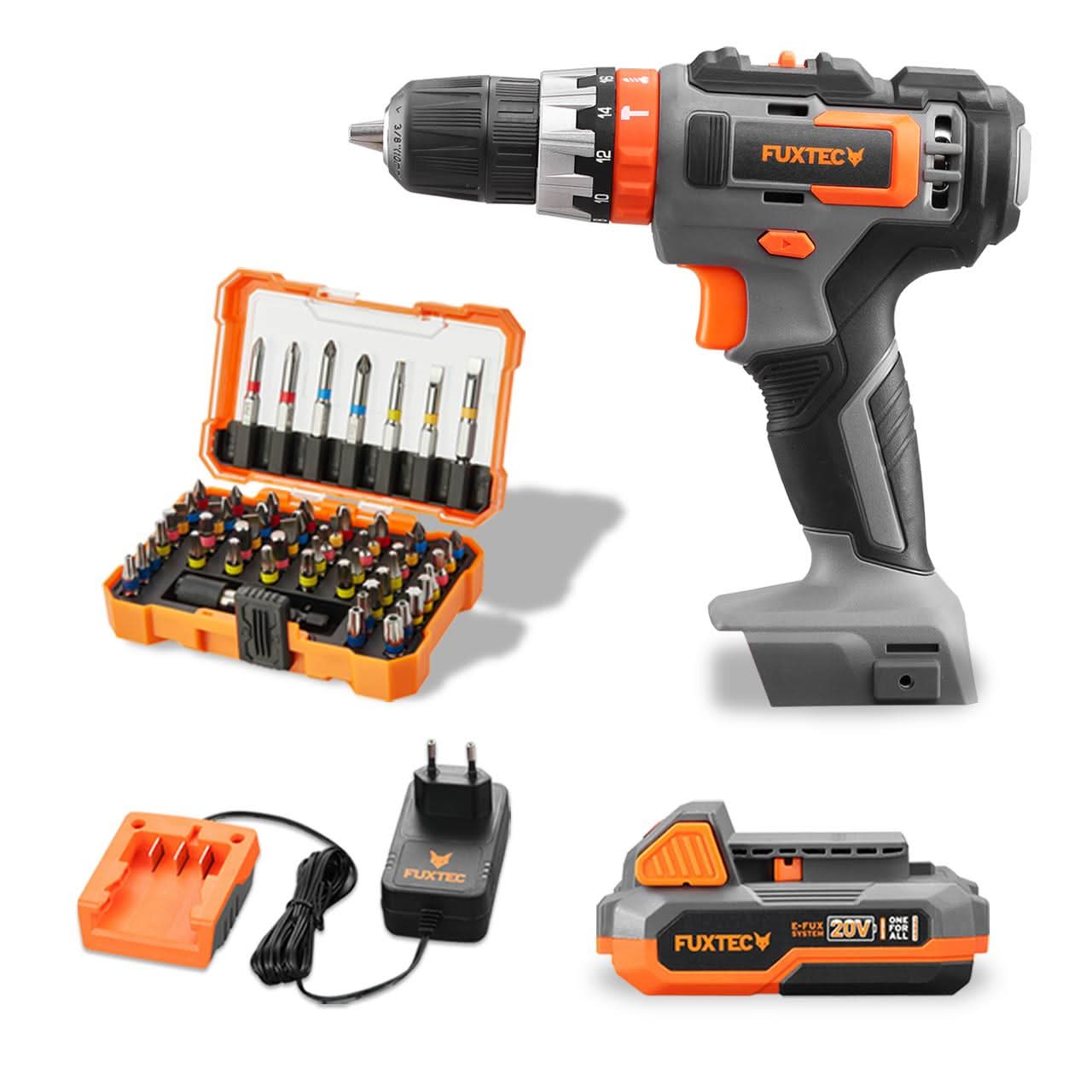 FUXTEC - Perceuse-visseuse à percussion sans fil 20V FX-E1SBS20 et son kit d'embouts