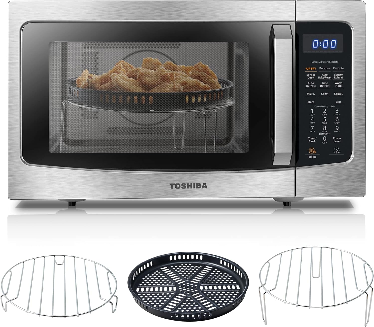 2025 TOSHIBA 4-in-1 ML-EC42P(SS) Forno a microonde da banco,sensore intelligente,convezione,friggitrice ad aria,funzione Mute,memoria di posizione 13,6” piatto rotante,1,5 Cu Ft,1000W,Argento