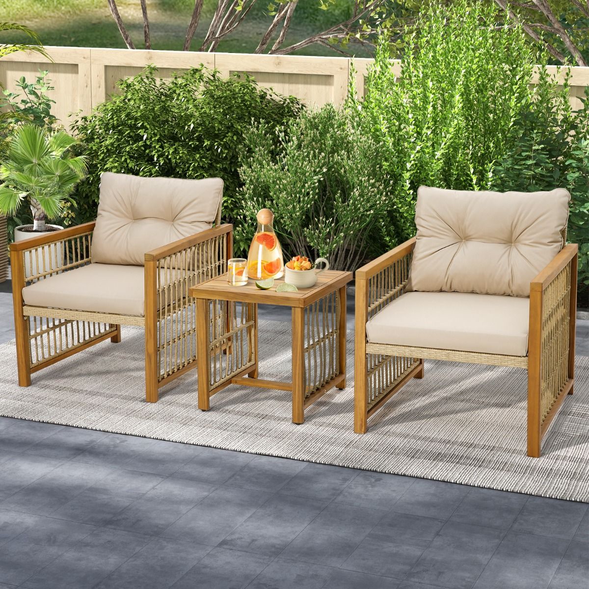 Salon de Jardin avec 1 Table et 2 Fauteuils en Bois d'Acacia et Rotin Anti-UV Pieds Réglables Coussins avec Zip Nautel
