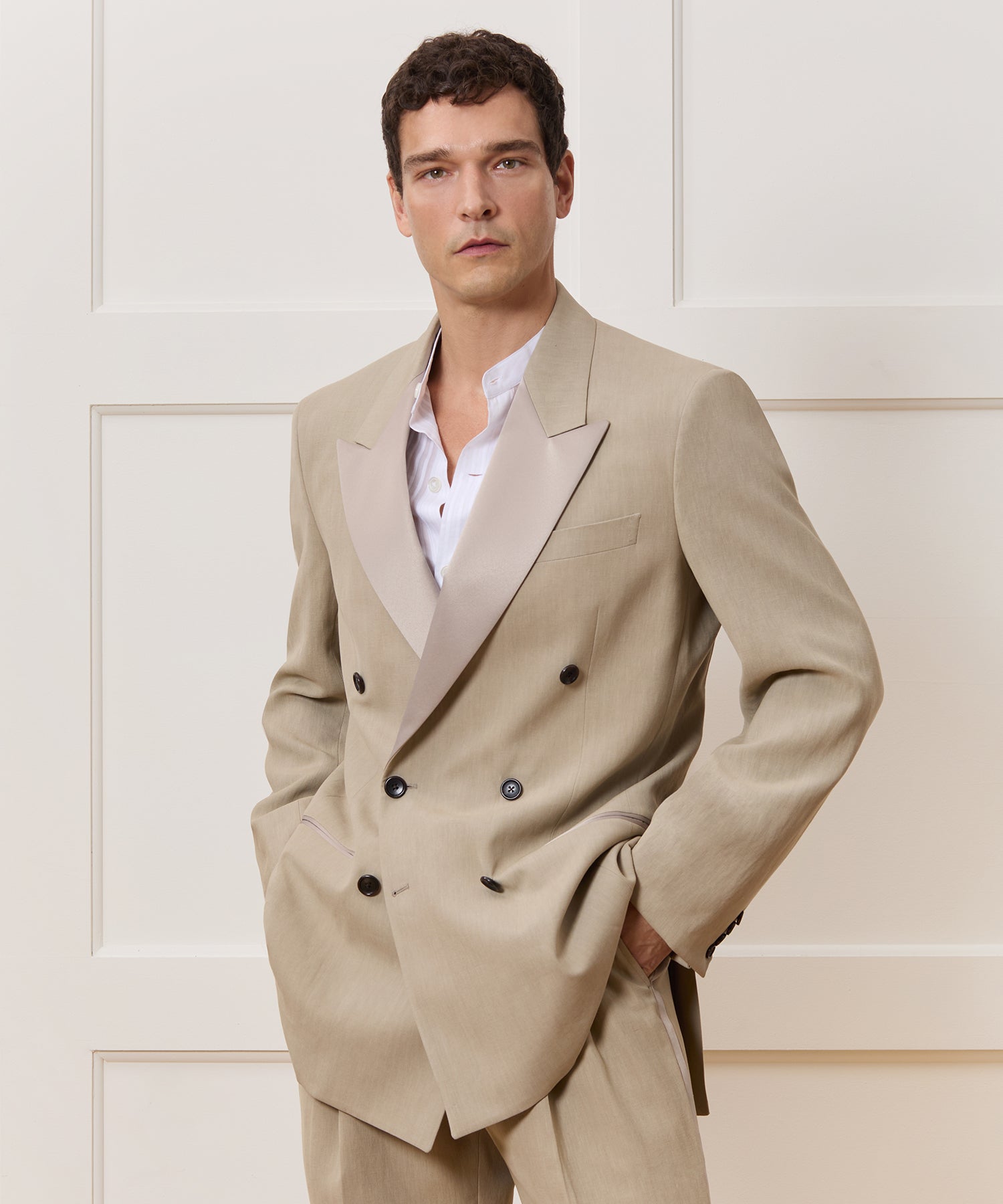 Italian Relaxed Sueded Linen Double-Breasted Tuxedo Jacket