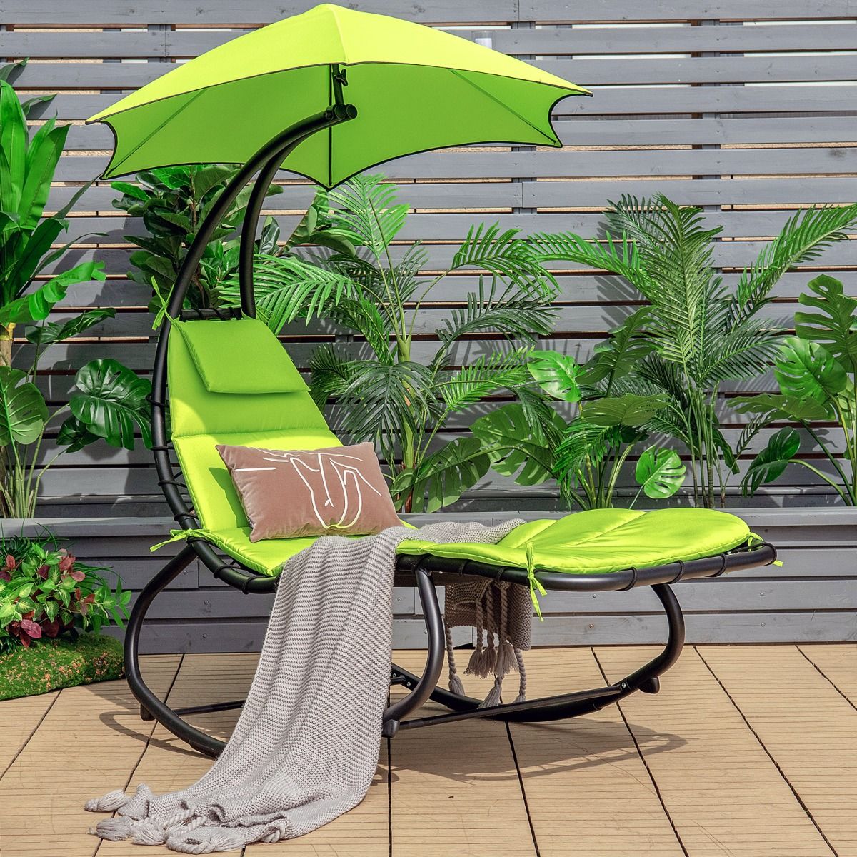 Bain de Soleil à Bascule Transat Suspendu avec Pare-Soleil & Coussin Hamac Charge 150KG 184 cm x 147 cm x 187 cm Vert