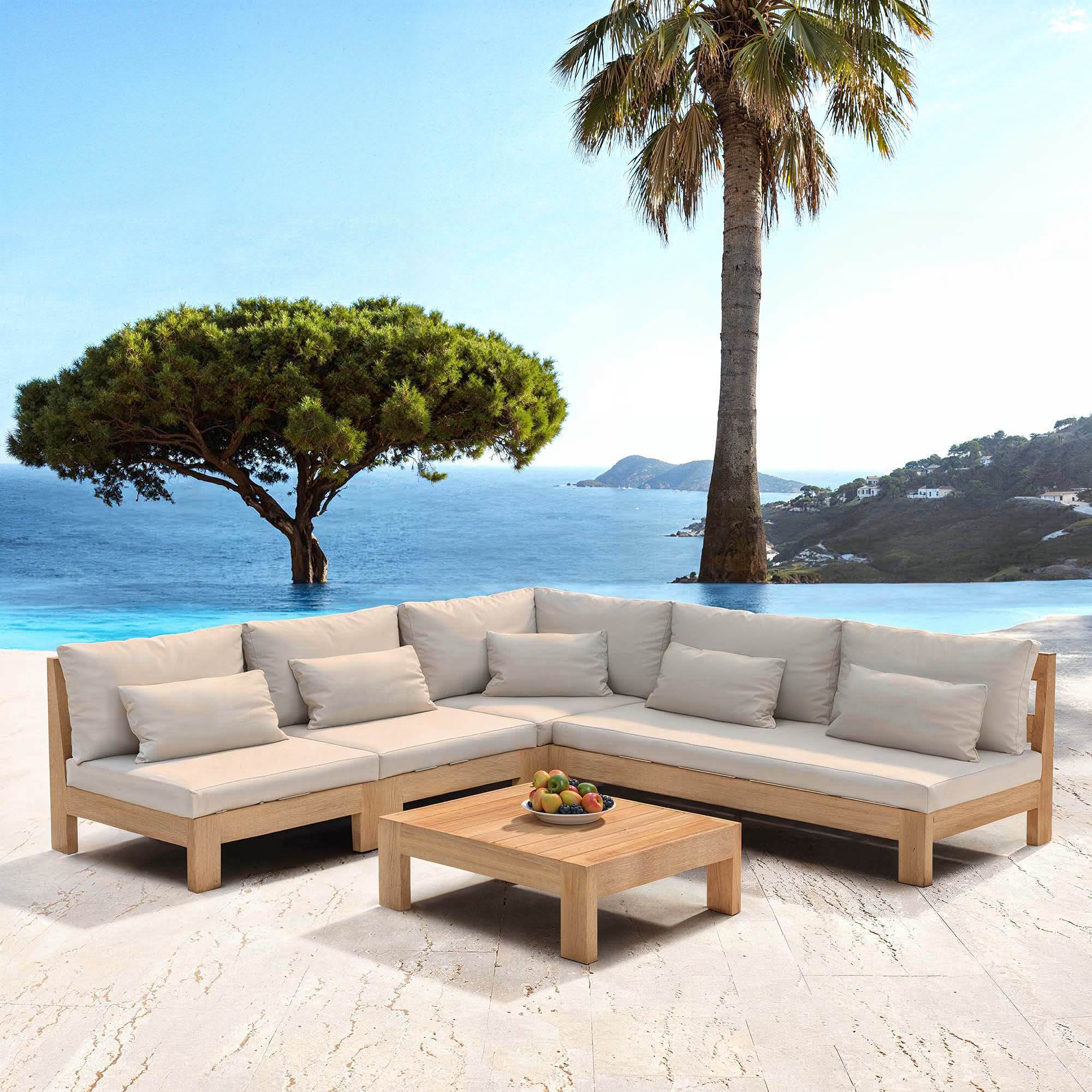 Salon de jardin d'angle en bois d'acacia 6 places 5 pcs Borneo Sable - Action-sport36