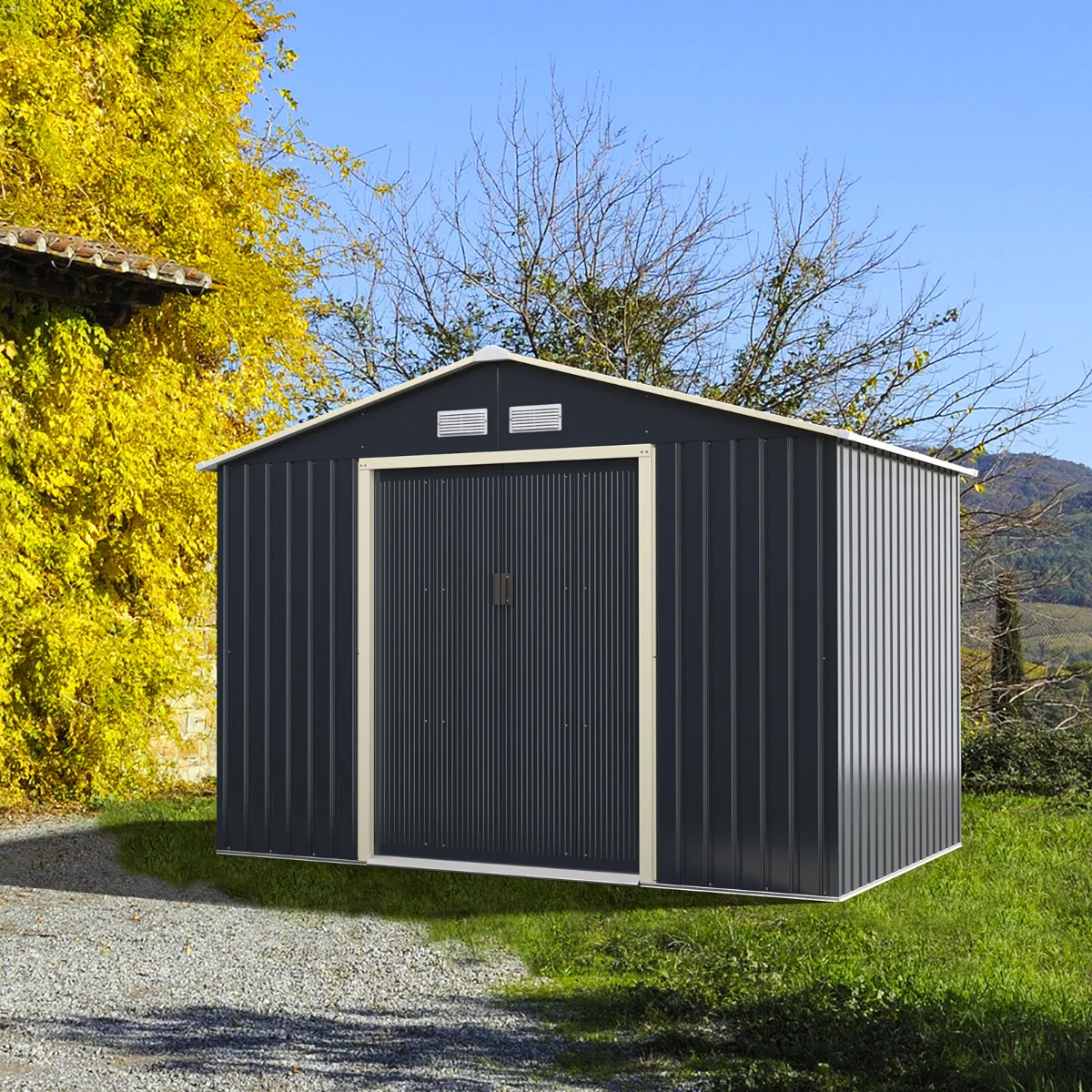 Abri de jardin en métal 5,29 ㎡ 277 x 191 x 202 cm avec 2 portes coulissantes verrouillables 4 trous d’aération pour vélo gris 20_0007629