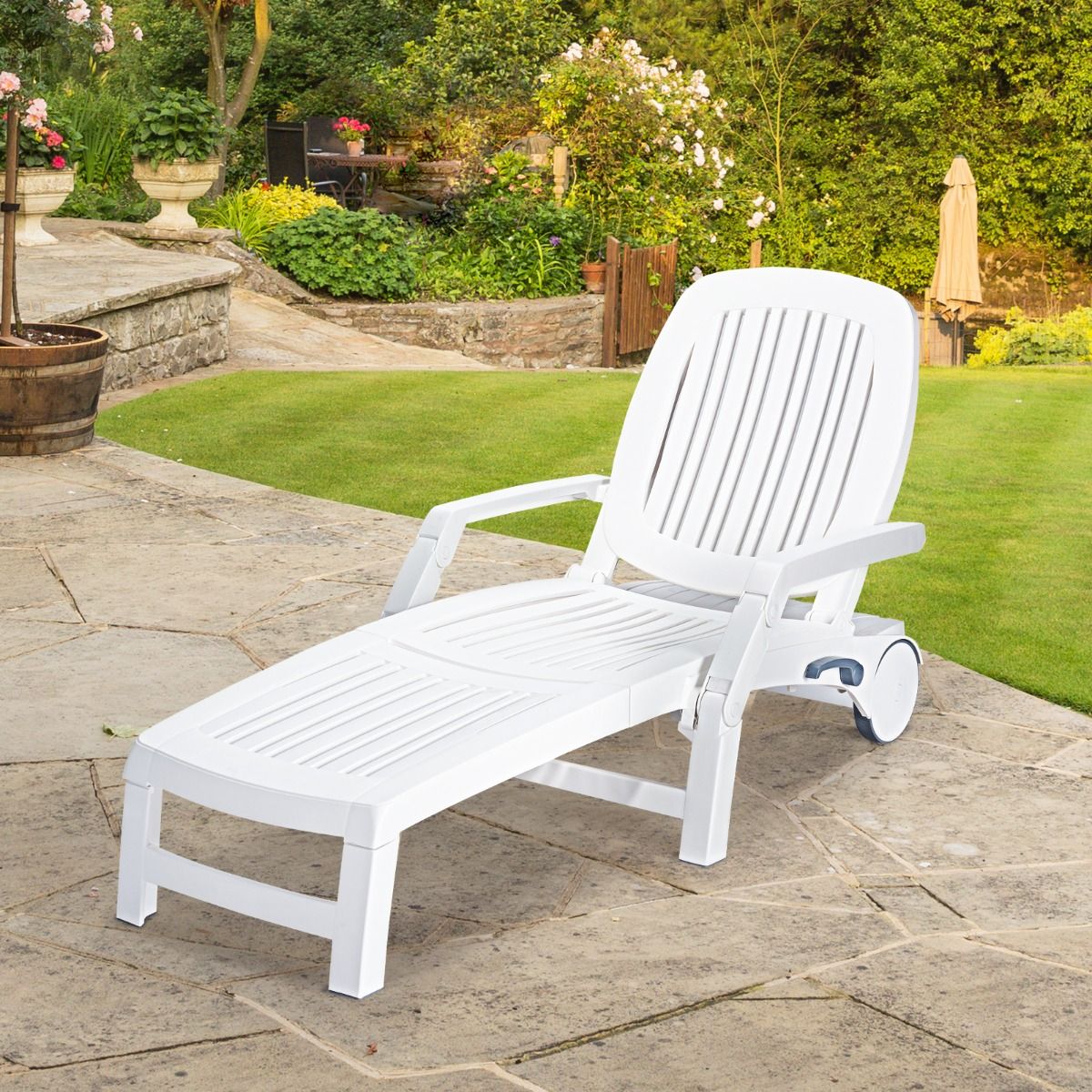 Chaise Longue Inclinable Réglable à 5 Positions avec Roues Flexibles Fauteuil Relax de Camping avec Boîte de Rangement Charge 150KG Blanc