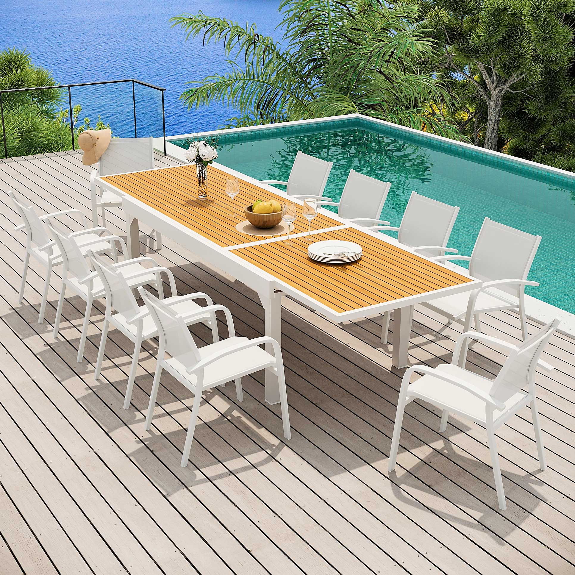 Table de jardin extensible en aluminium 12 places effet bois (200/320 x 100 cm) Murano Blanc - Action-sport36