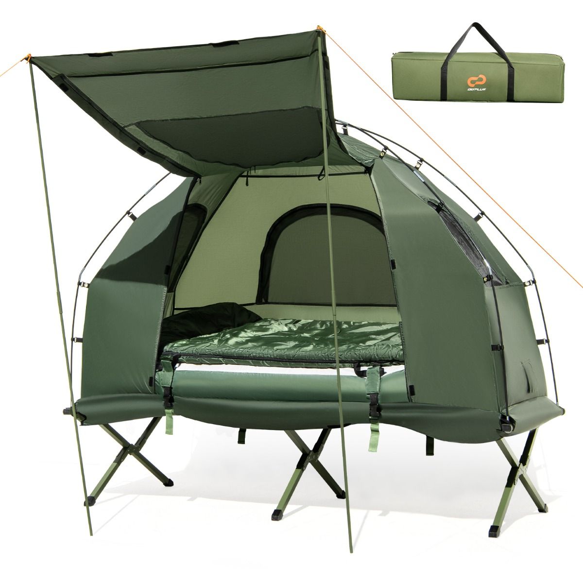 Tente de Camping avec Lit pour 1 Personne Lit de Camping Pliant 5 en 1 avec Matelas Pneumatique Oreiller Sac de Couchage Tente Surélevée Étanche