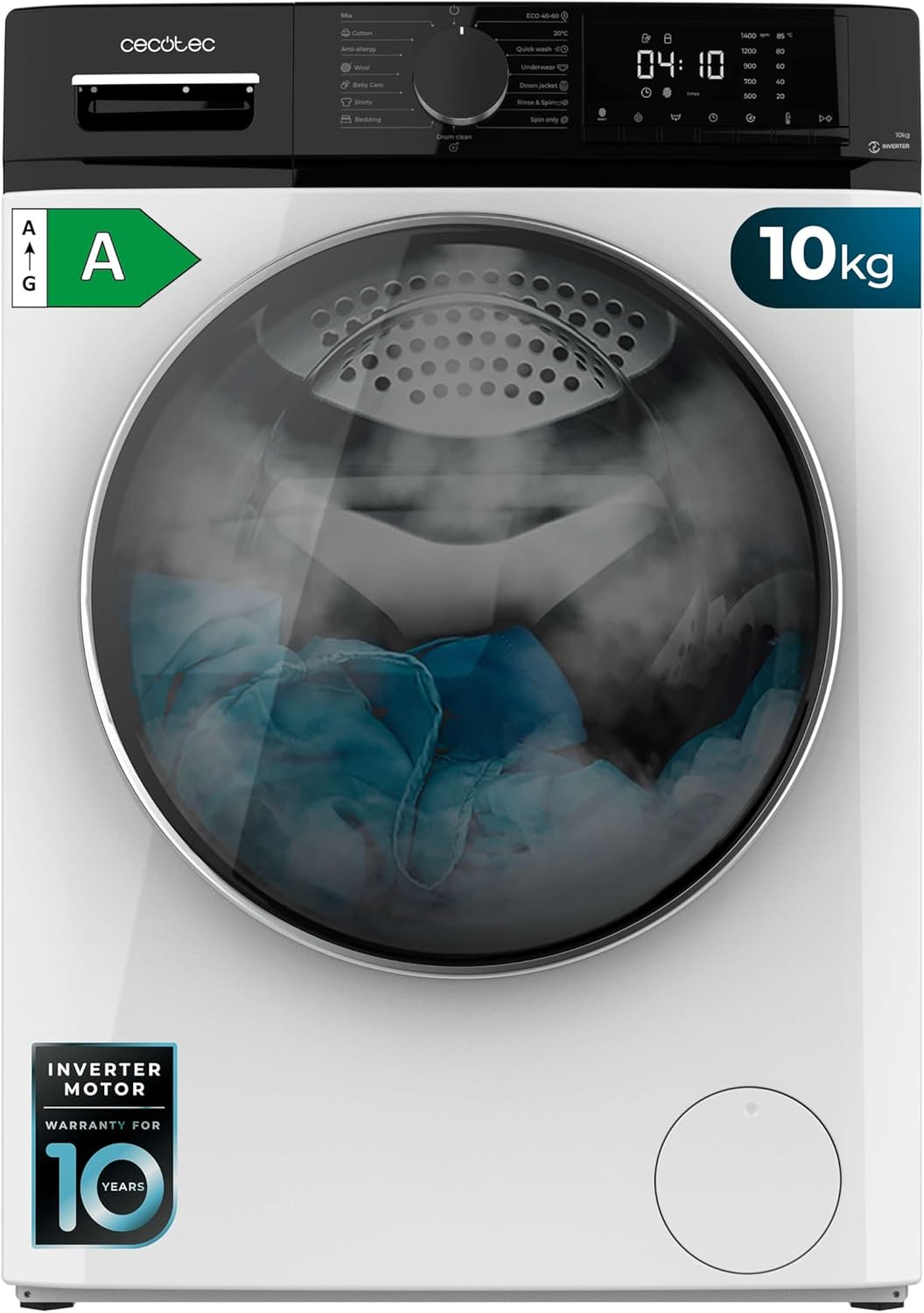 Cecotec Lave-linge 10Kg Bolero DressCode 10610 Inverter Steel A. Chargement Frontale,1400 RPM,Steam Max,Motor Inverter Plus,15 Programmes,OnSmart,Stop&Go,Caoutchouc Antibactérien,Drum Clean