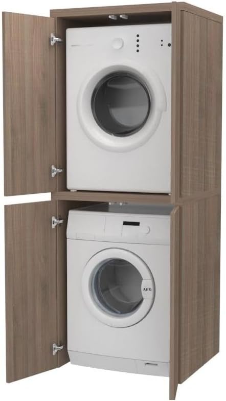 VE.CA Meuble lave-linge,sèche-linge,meuble buanderie avec portes,couleur chêne vintage,en bois,rectangulaire,colonne lave-linge et sèche-linge,fabriqué en Italie