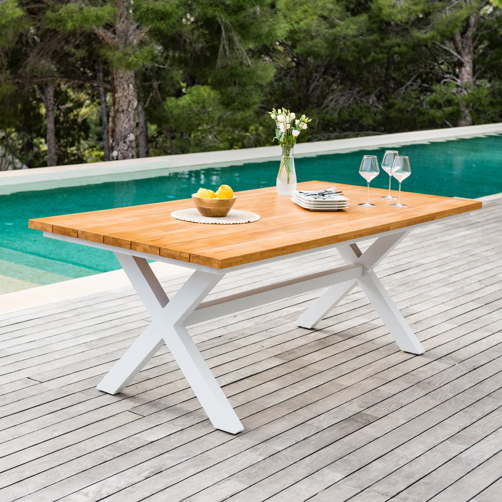 Table de jardin en aluminium et bois teck 8 places (200 x 100 cm) Bali Blanc - Action-sport36