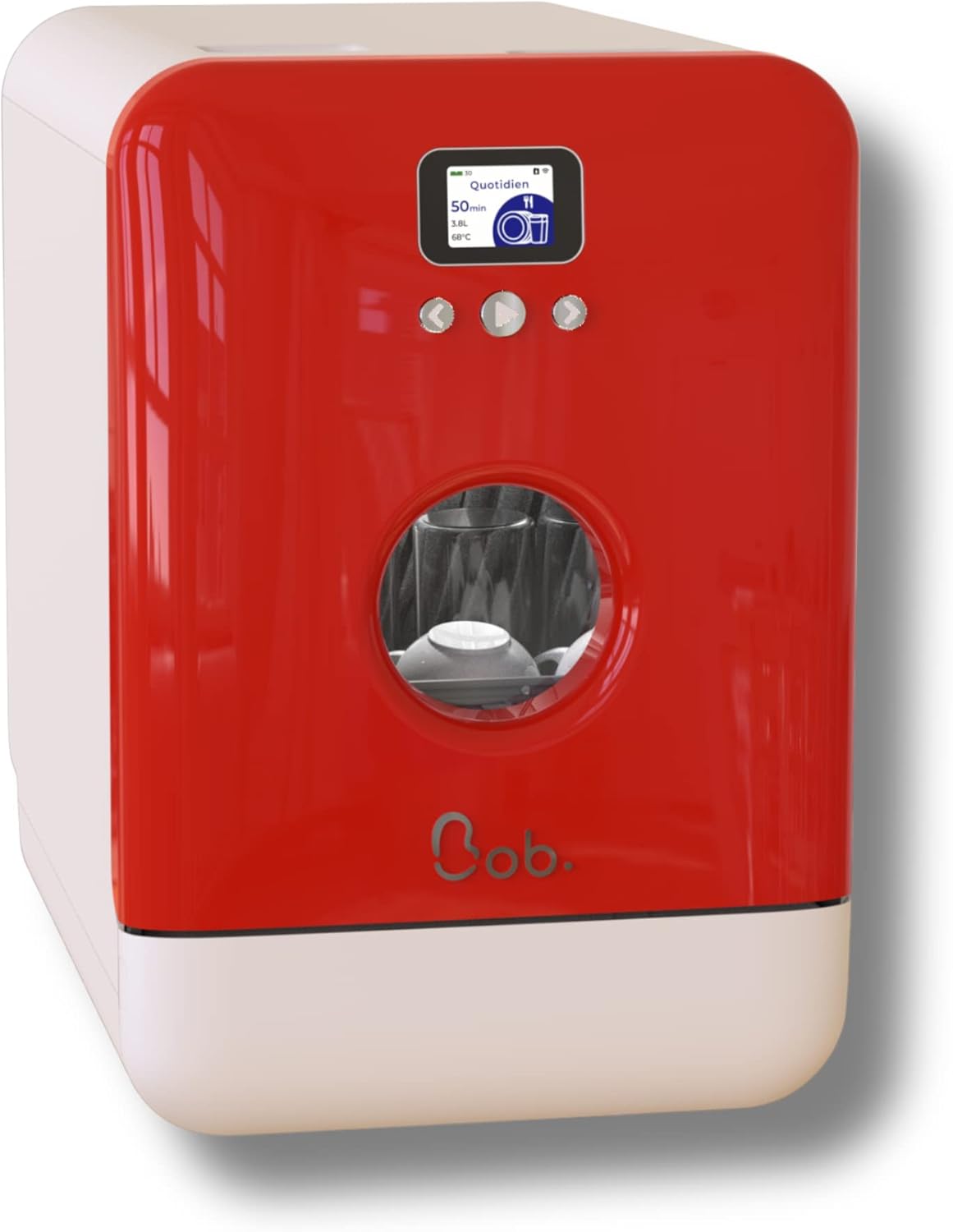 DAAN TECH Bob - Lave-vaisselle Compact 3 Couverts Encastrable - Pose Libre,Avec Réservoir,Portable - Séchage Naturel - Assiette 29 cm - Label Origine France Garantie,Eco-Conçu (Blanc-Rouge)