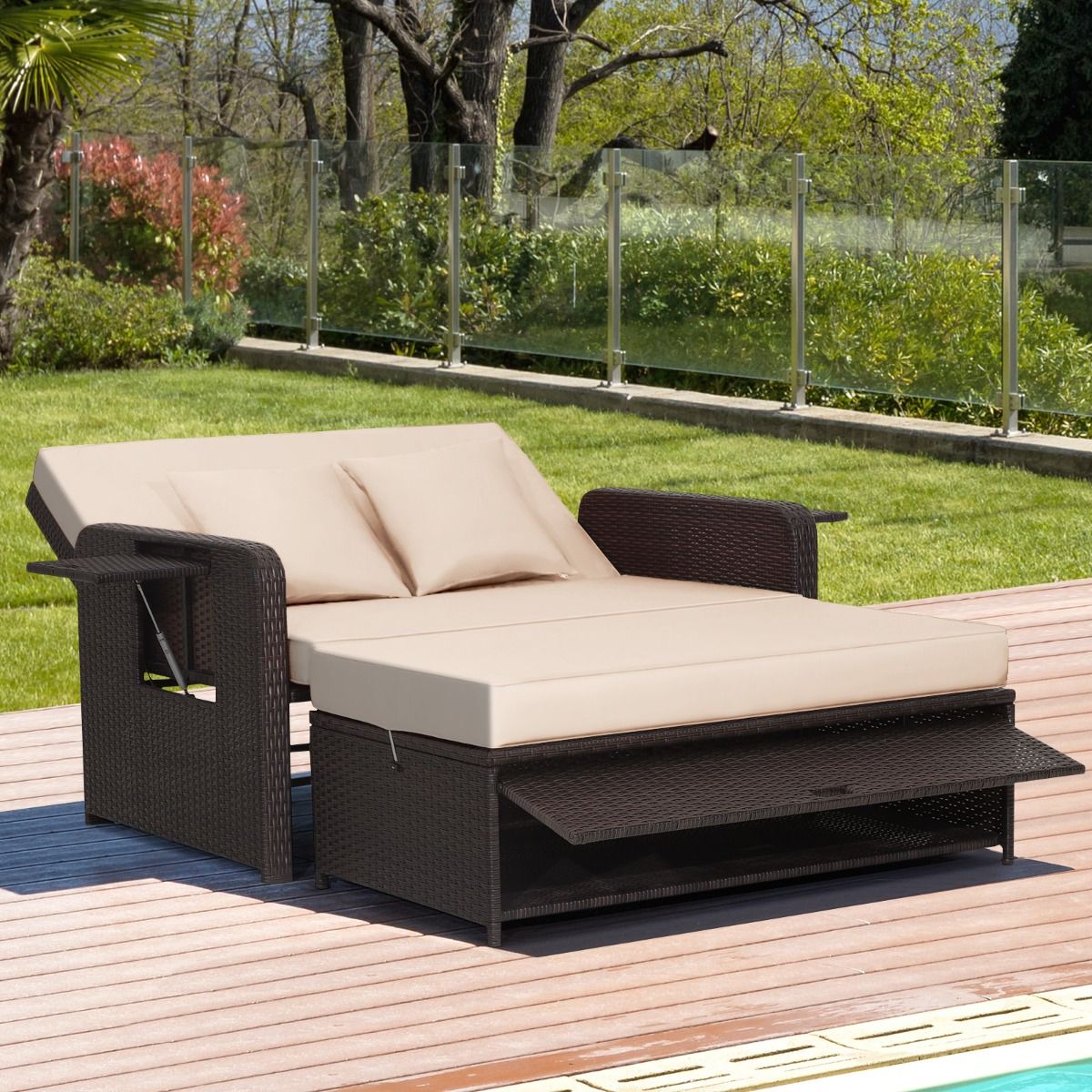 Salon de Jardin Extérieur Ajustable à Lit, 2 Place avec Stockage Caché, Dossier Réglable à 4 Niveaux en Rotin PE