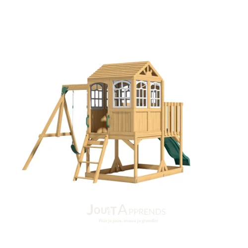 Aire de jeux enfant Montessori - 3 en 1 Balançoire,Toboggan,Cabane en bois modulable