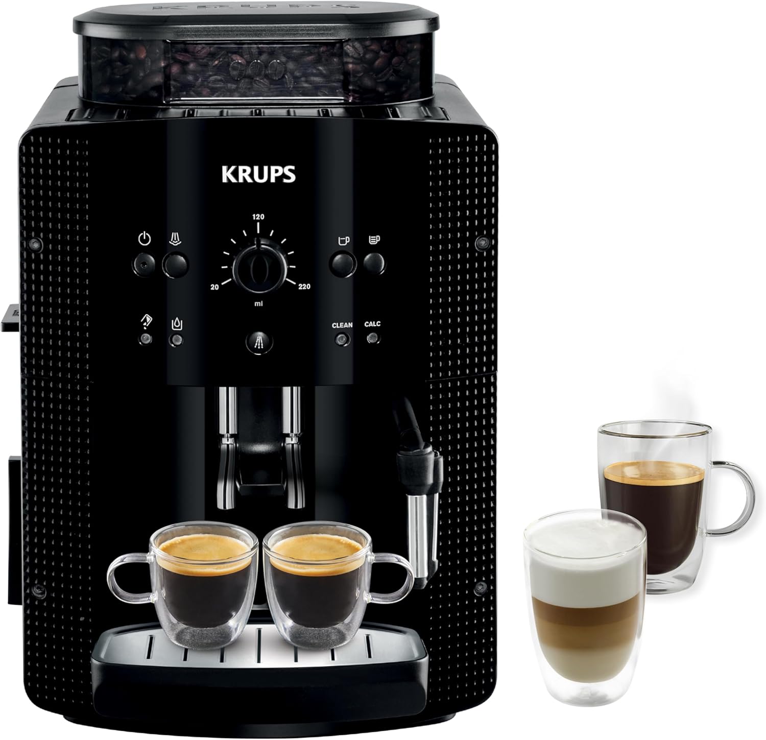 Krups Machine à café grain,1,7 L,2 tasses en simultané,Nettoyage automatique,Buse vapeur pour Cappuccino,Cafetière espresso,Essential noire YY8125FD,Noir