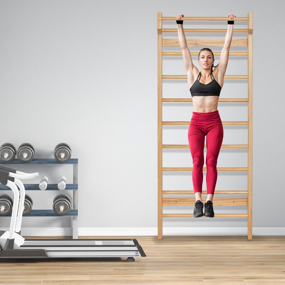 Espalier Mural Espalier de Gymnastique Capacité 150 kg Diamètre Barre 3,3 cm en Bois de Pin 195x80x14cm Naturel