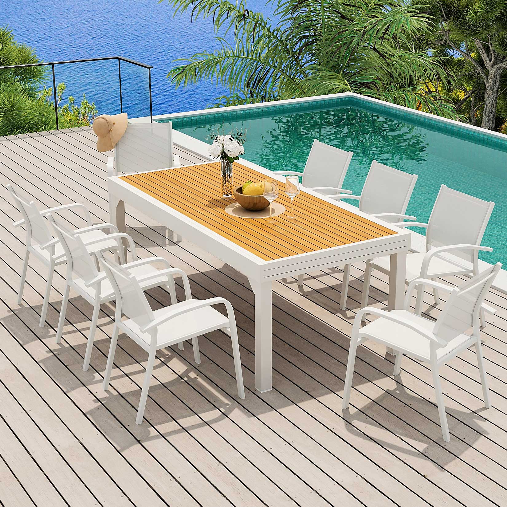 Table de jardin extensible en aluminium 12 places effet bois (200/320 x 100 cm) Murano Blanc - Action-sport36