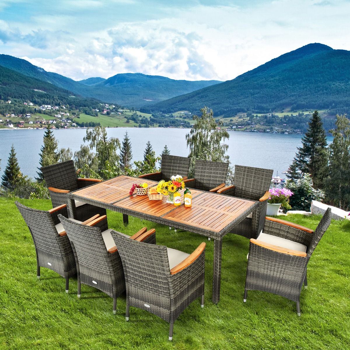 Salon de Jardin avec 1 Table et 8 Chaises en Bois et Rotin Synthétique Anti-UV Pieds Réglables et Coussins Imperméables Inclus
