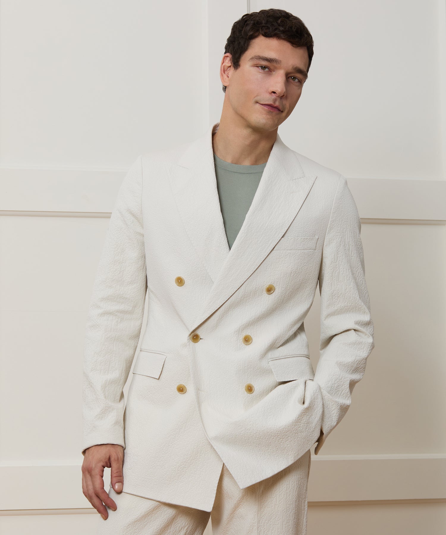 Italian Seersucker Double-Breasted Suit Jacket