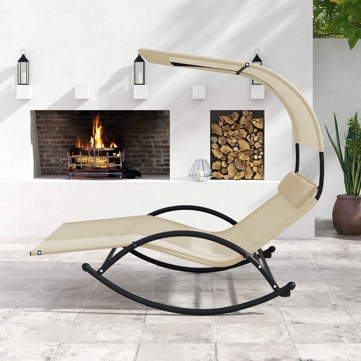 Chaise Longue Double Chaise à Bascule pour 2 Personnes 2 Appui-Têtes Amovibles Cadre en Métal Robuste Lit de Repos Ergonomique 2 Places Gris/Noir/Beige