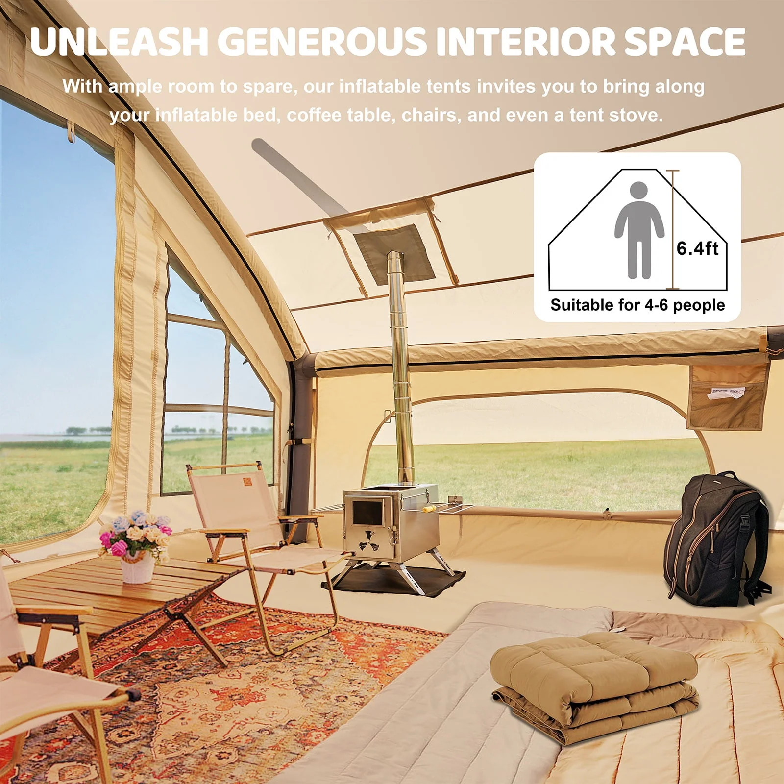 Tenda da campeggio gonfiabile per 6 persone con pompa,tenda familiare Glamping di 10 piedi x 7 piedi Facile installazione 4 stagioni impermeabile antivento all'aperto Blow Up Tent Cabina Oxford di lusso con finestre e porte a rete