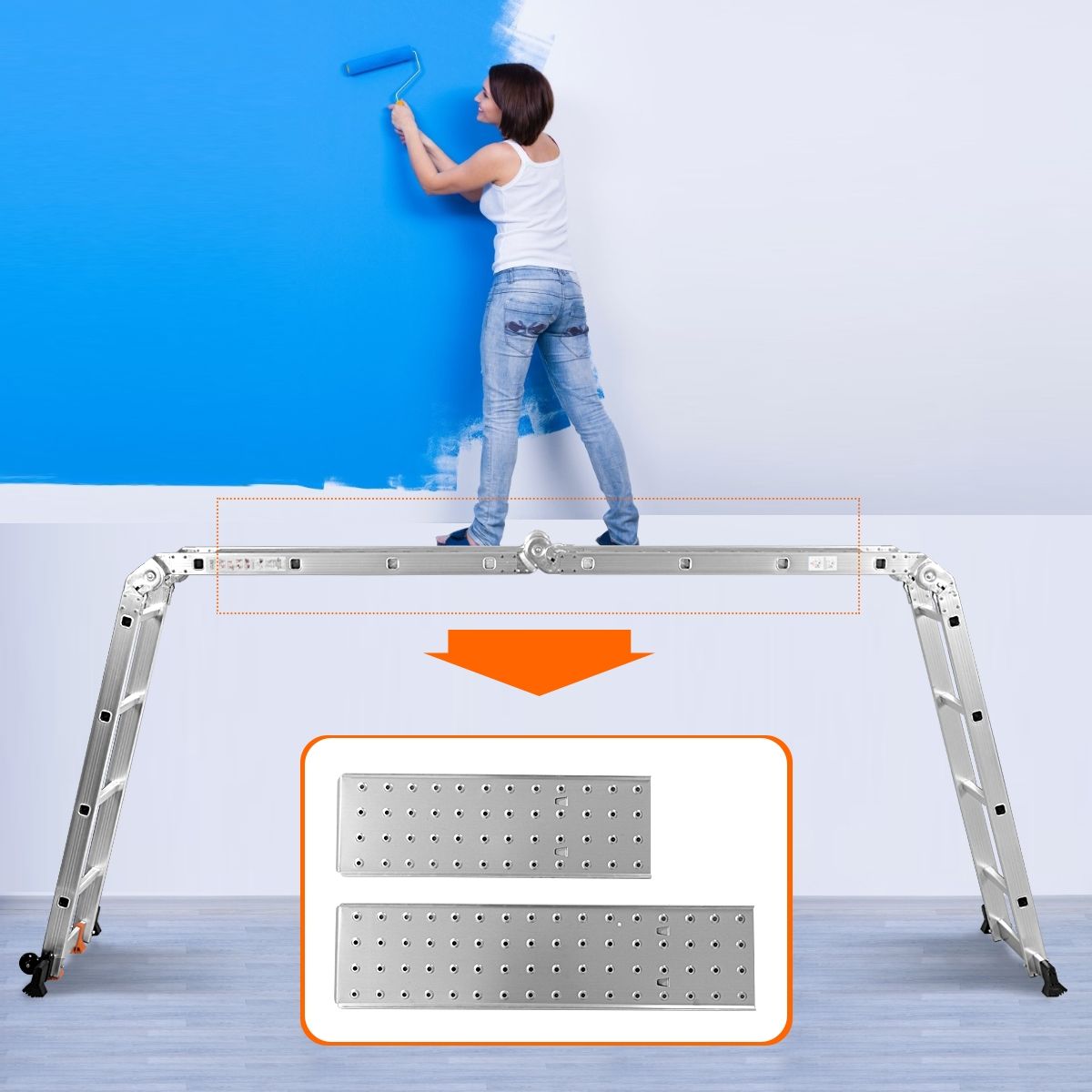 Échelle Polyvalente 5 en 1 avec 2 Montants 4 Plis 15 Echelons Pliable et Multifonction Capacité 150kg en Aluminium