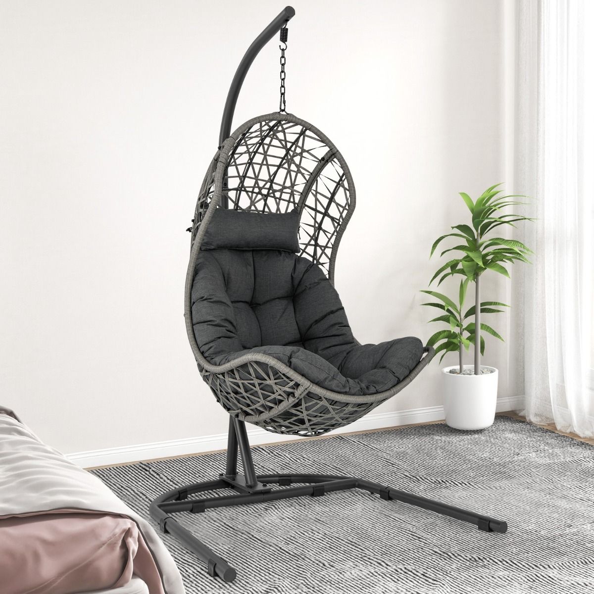 Chaise Oeuf en Rotin PE avec Support avec Oreiller et Coussin Chaise Suspendue avec Accessoires de Suspension Capacité 160 Kg Gris