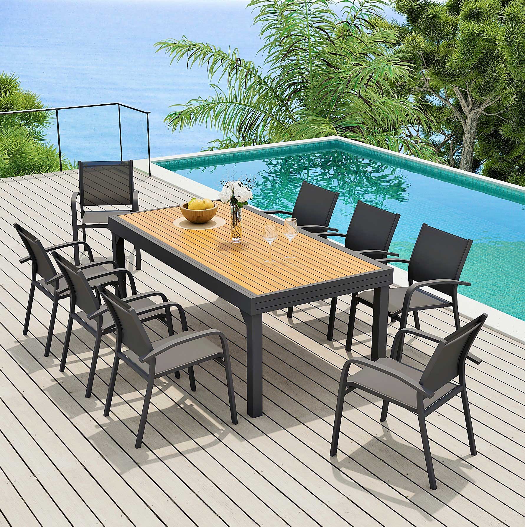 Table de jardin extensible en aluminium 12 places effet bois (200/320 x 100 cm) Murano Gris anthracite - Action-sport36