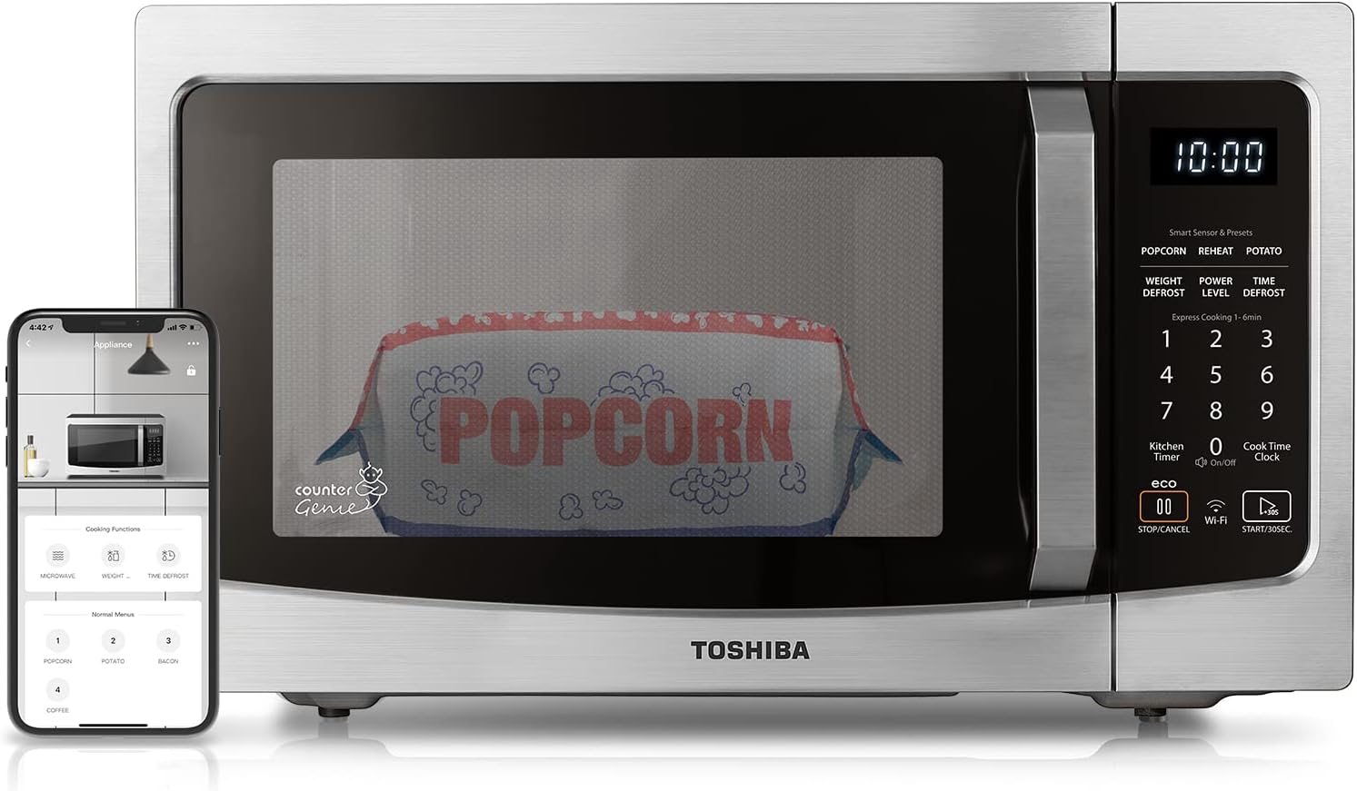 2025 TOSHIBA 4-in-1 ML-EC42P(SS) Forno a microonde da banco,sensore intelligente,convezione,friggitrice ad aria,funzione Mute,memoria di posizione 13,6” piatto rotante,1,5 Cu Ft,1000W,Argento