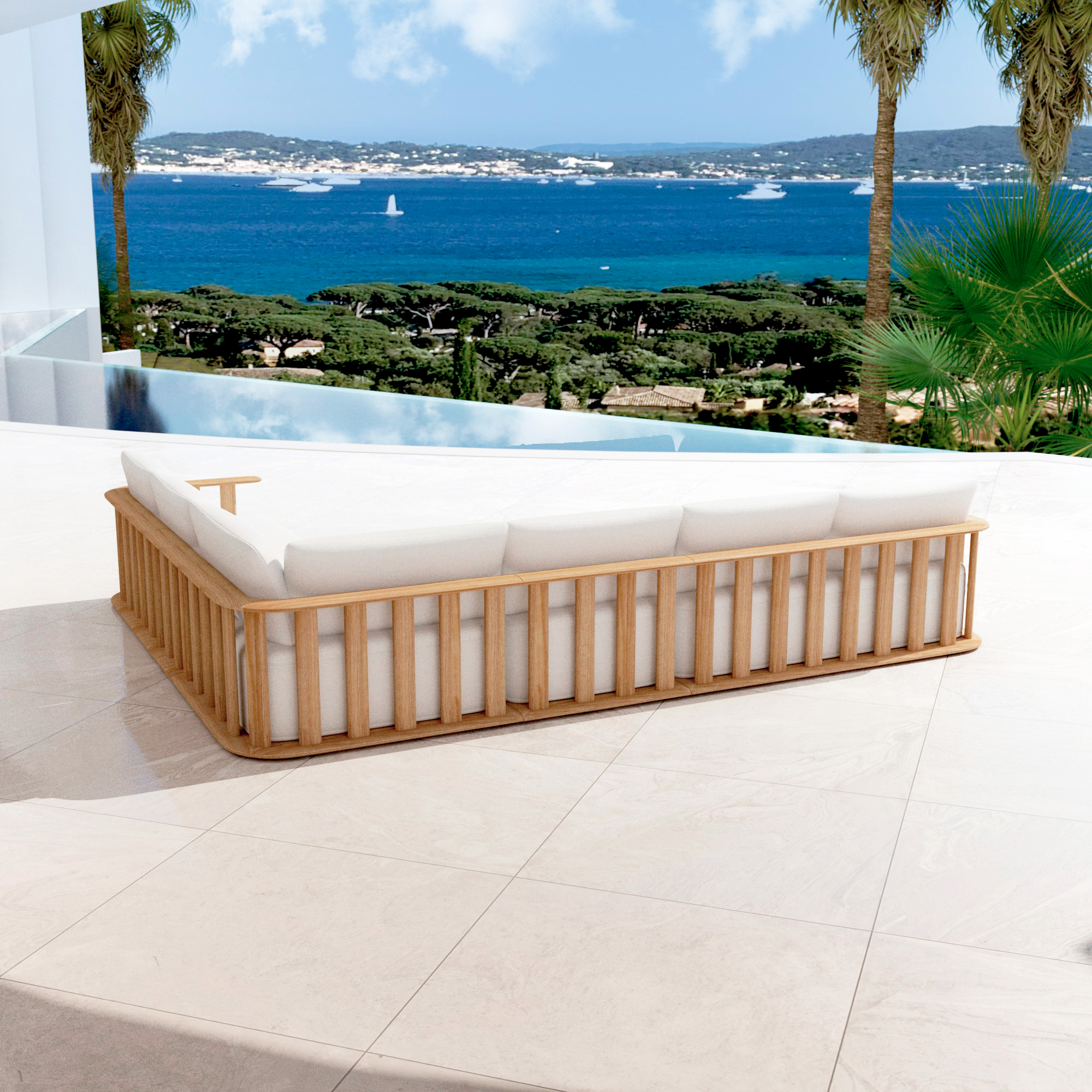 Salon de jardin d'angle en bois teck 6 places Java Ecru - Action-sport36