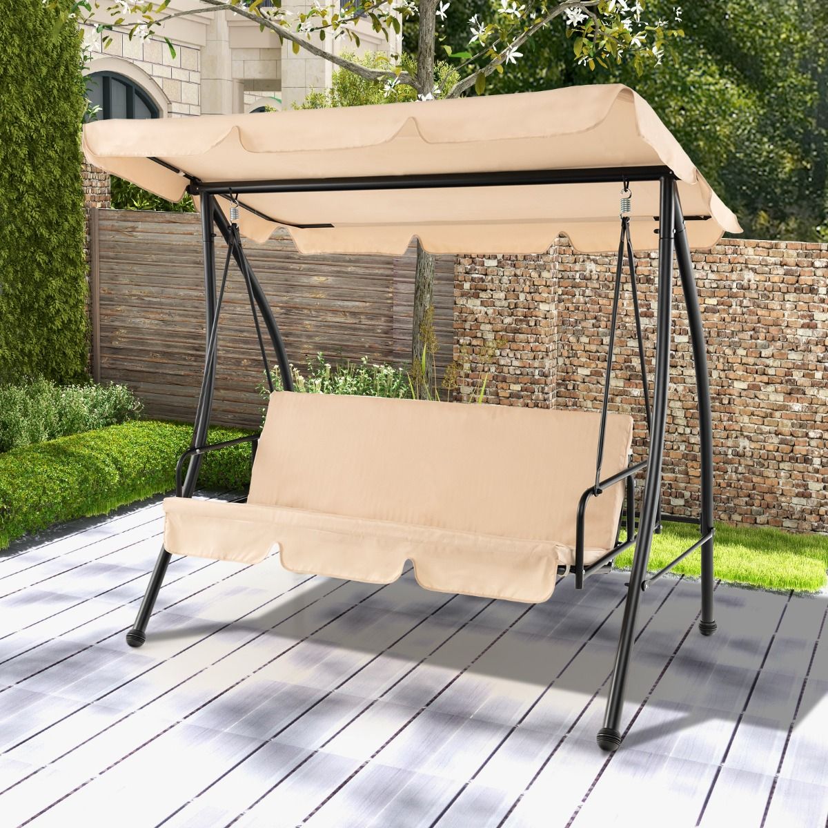 Balancelle d'Extérieur Convertible 2 Places avec Lit Plat Hamac de Terrasse avec Auvent Réglable et Coussin Amovible Pour Jardin