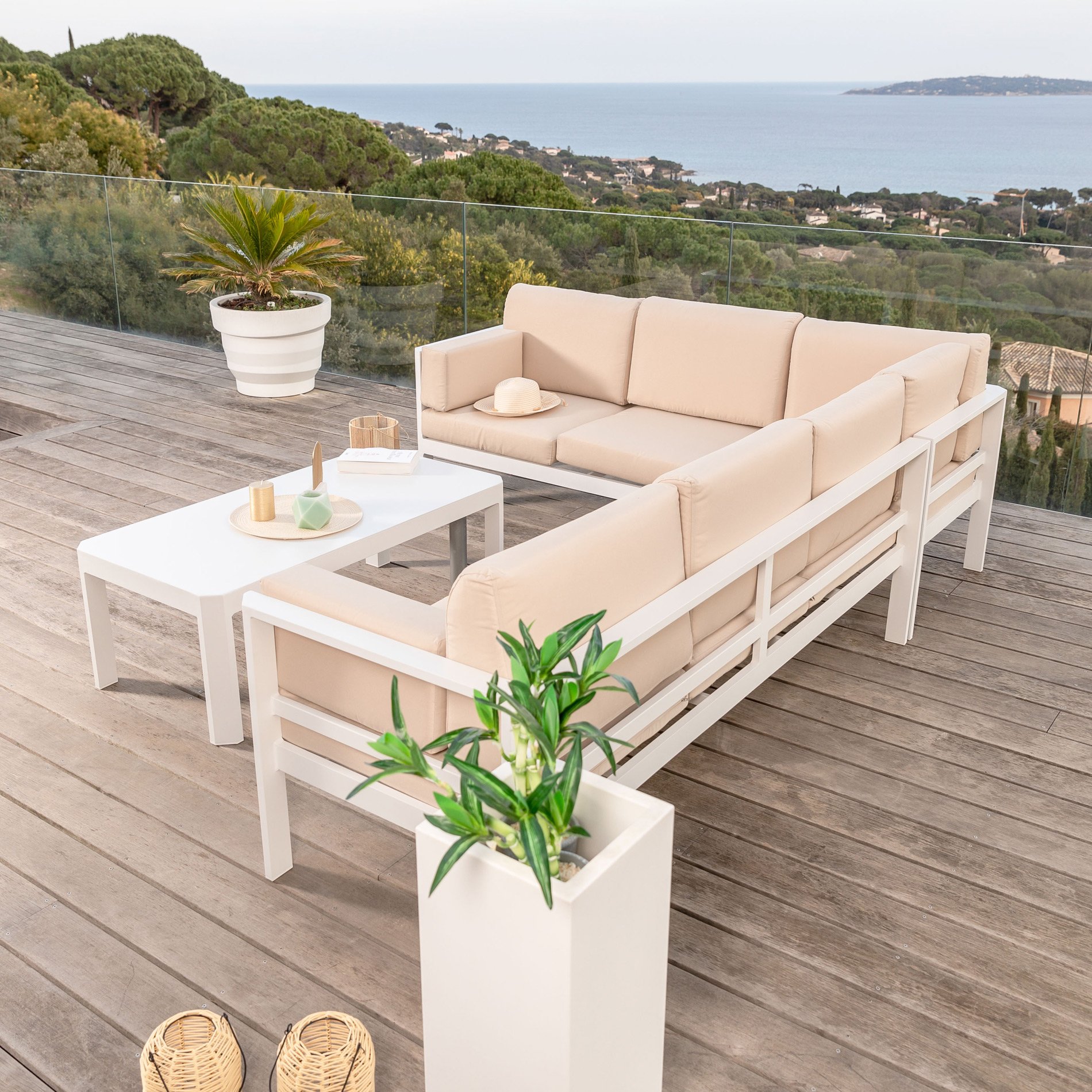 Salon de jardin d'angle en aluminium 6 places Ostara Blanc et taupe - Action-sport36