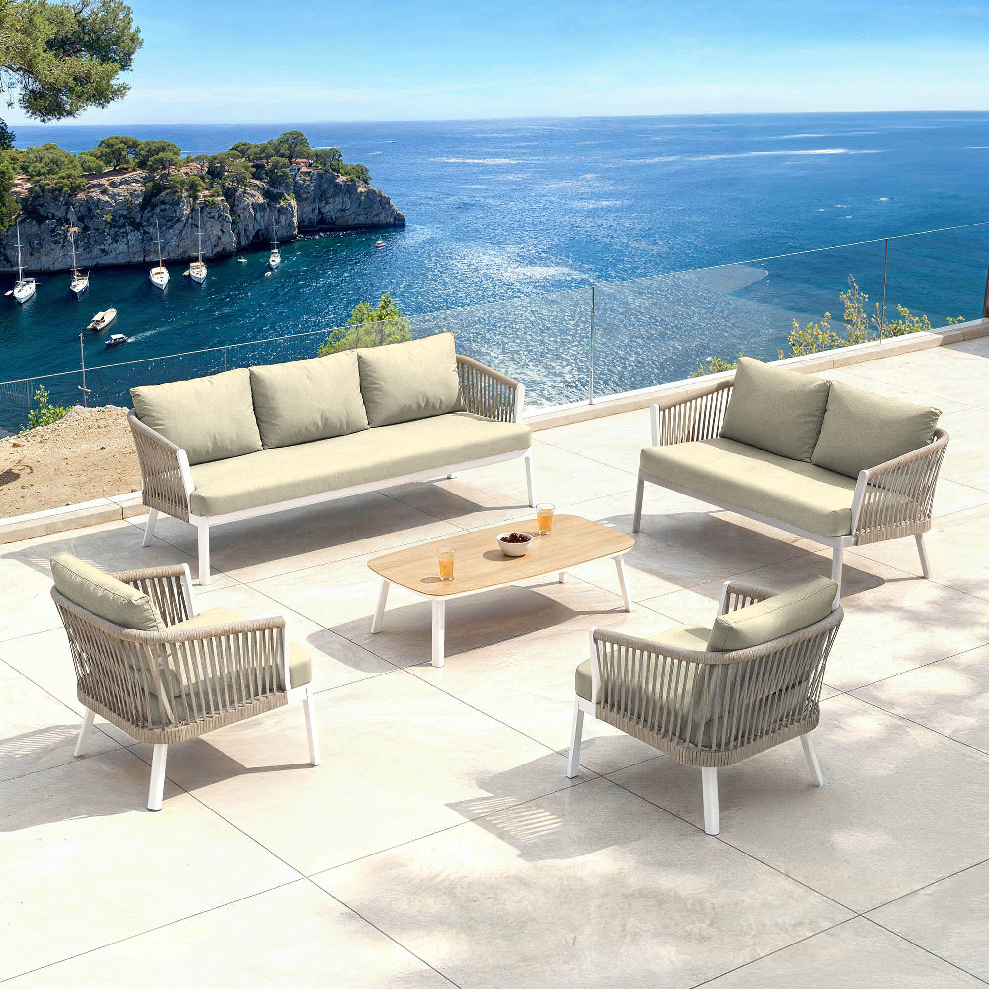 Salon de jardin en aluminium 7 places 5 pcs Amalfi Blanc et beige - Action-sport36
