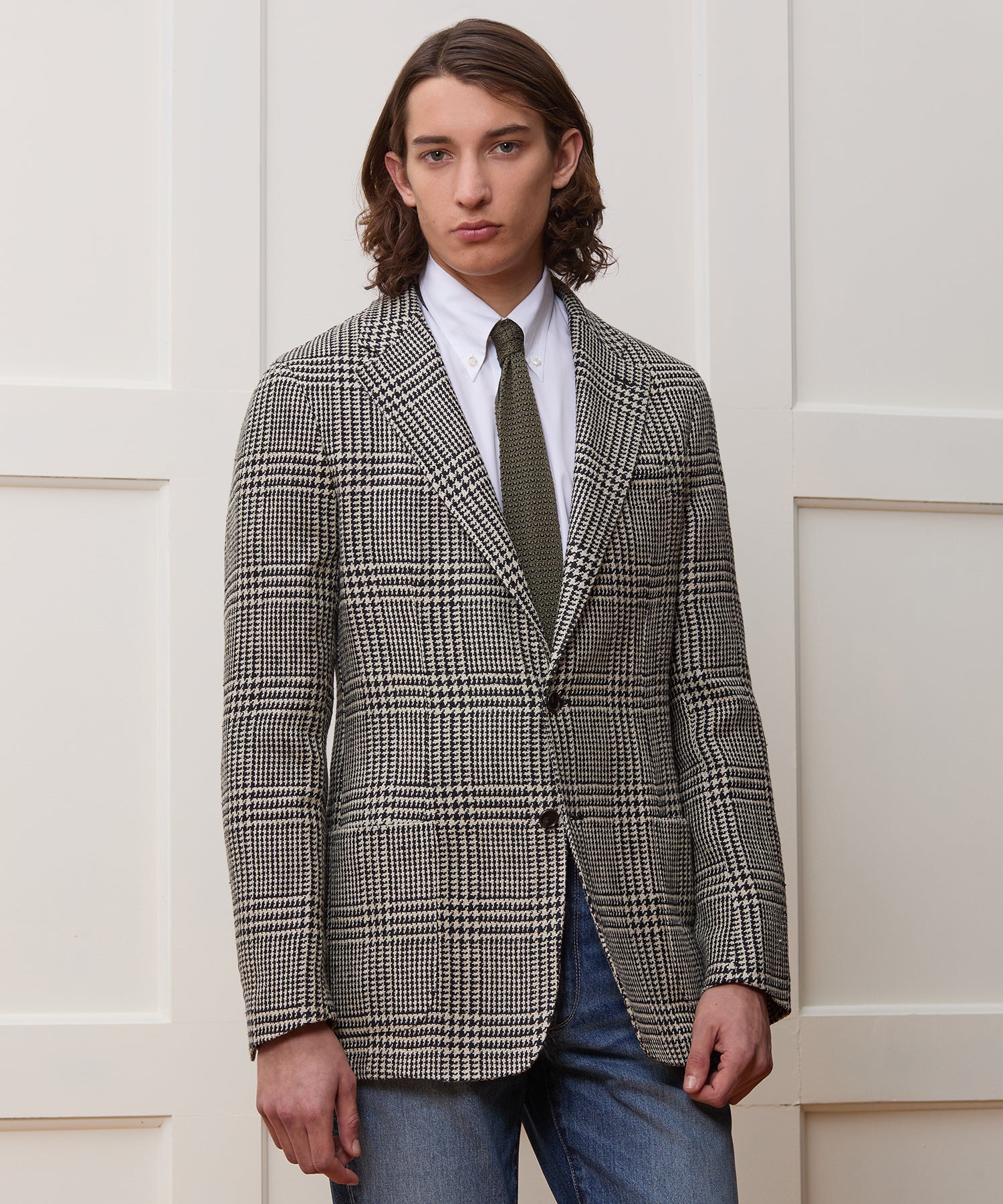 Italian Linen-Silk Sport Coat in Cream Glen Plaid
