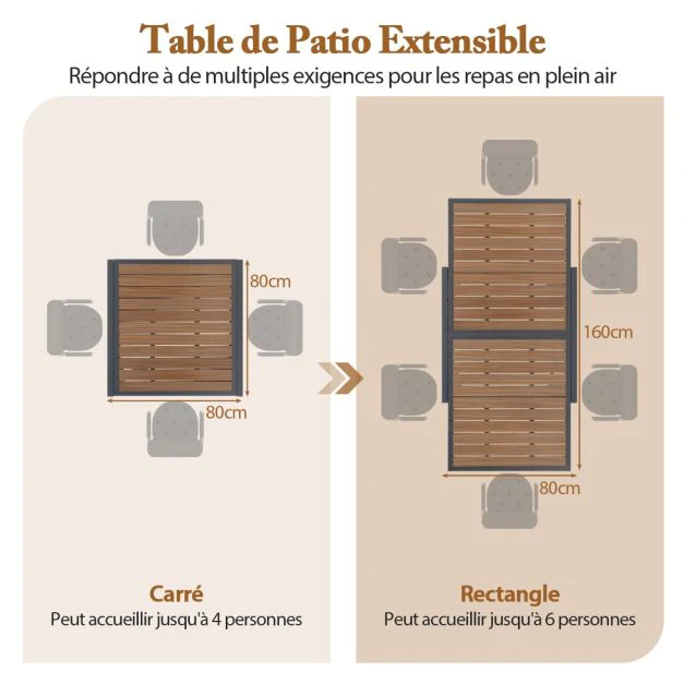 Table de jardin extensible en aluminium ajustable de 80 à 160 cm table à manger extérieure rectangulaire pour 4-6 personnes naturel 20_0009421