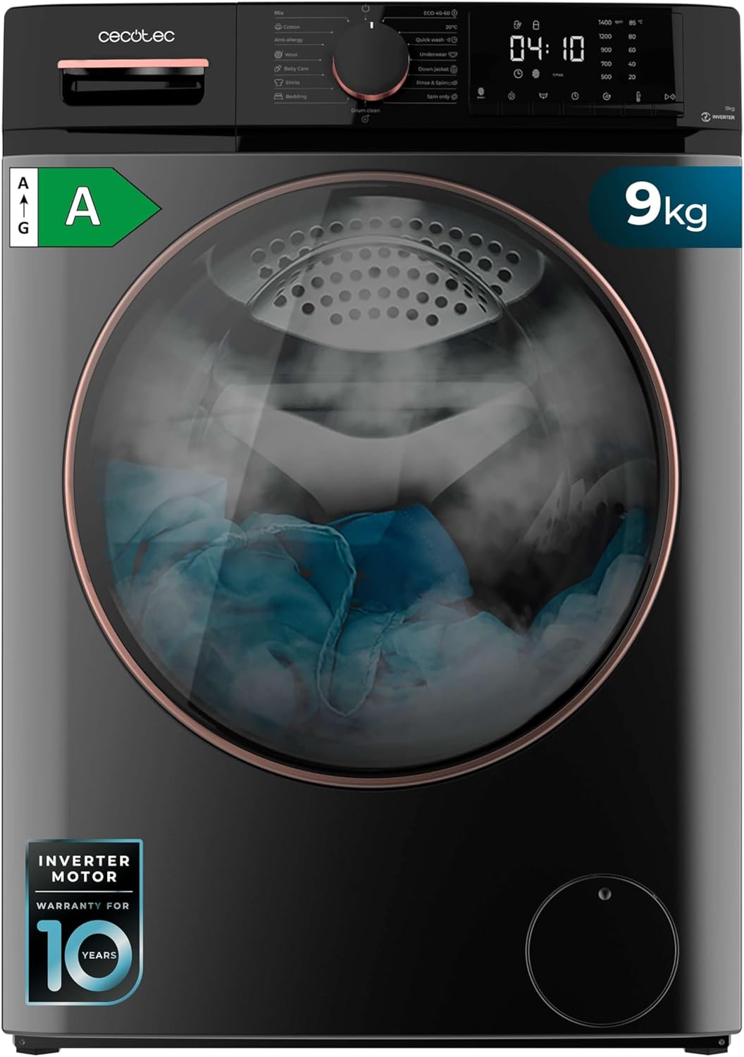 Cecotec Lave-linge 10Kg Bolero DressCode 10610 Inverter Steel A. Chargement Frontale,1400 RPM,Steam Max,Motor Inverter Plus,15 Programmes,OnSmart,Stop&Go,Caoutchouc Antibactérien,Drum Clean