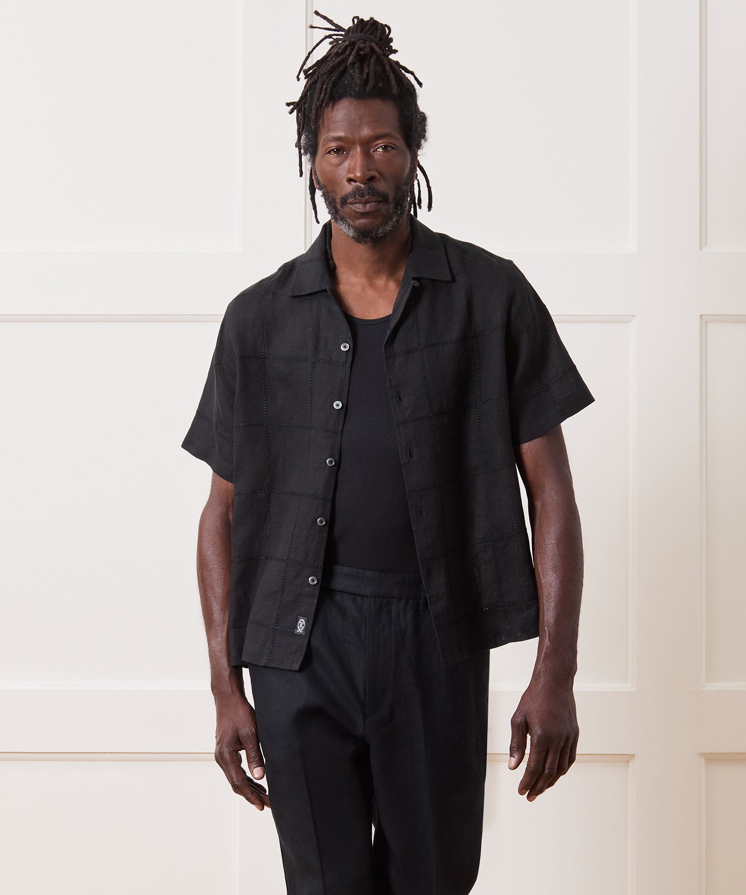 Cropped Eyelet Embroidered Linen Camp Collar Shirt