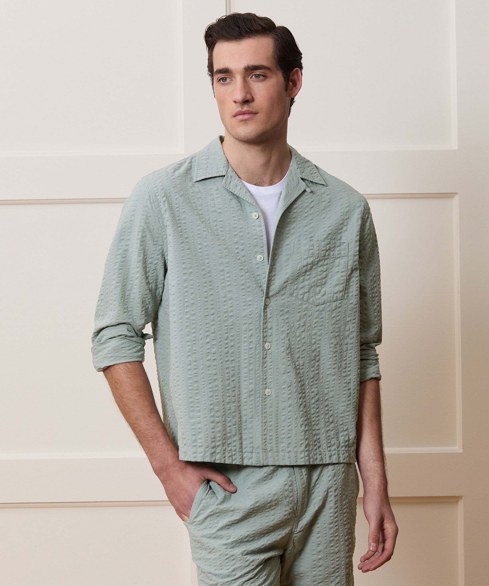 Cropped Seersucker Camp Collar Shirt