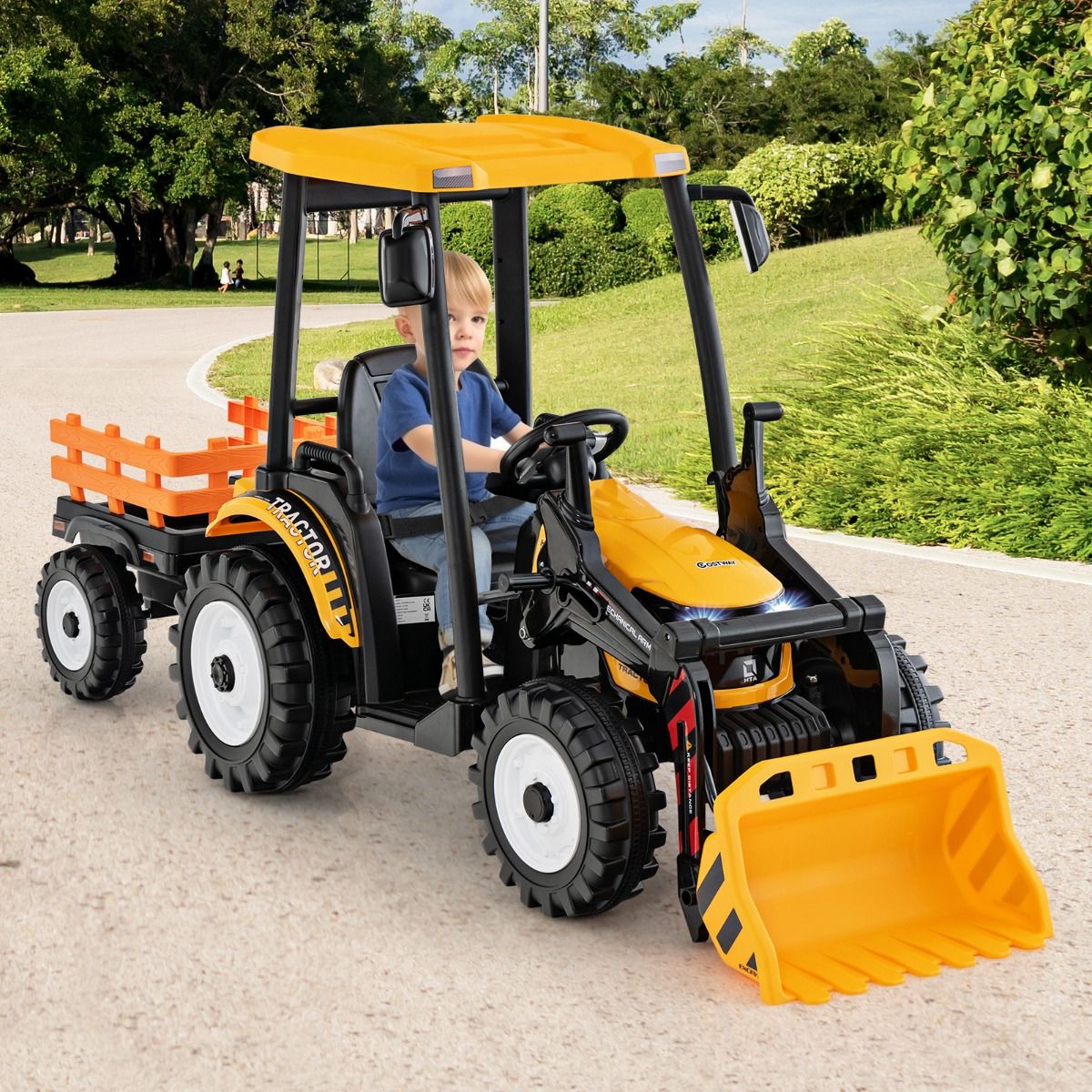 12V Tracteur Électrique Enfants avec Pelle&Remorque Amovible Véhicule Électrique à 6 Roues avec Télécommande & Musique 3-6 km/h pour 3-8 Ans Jaune/Vert