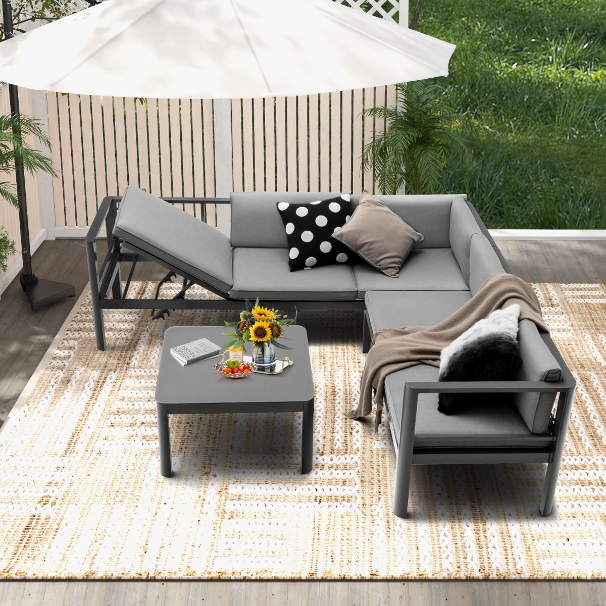 Salon de Jardin Extérieur avec Table Basse en Verre Trempé Canapéavec Dossier Inclinable à 6 Niveaux Coussins Inclus Gris
