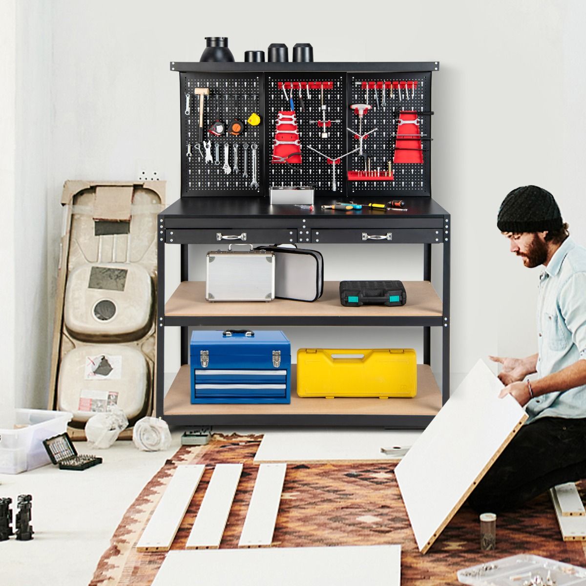 Établi Atelier Garage avec Étagères et Tiroirs Panneaux Perforés Table de Travail Cadre en Métal avec 25 Porte-outils 121 x 61 x 156 cm Noir