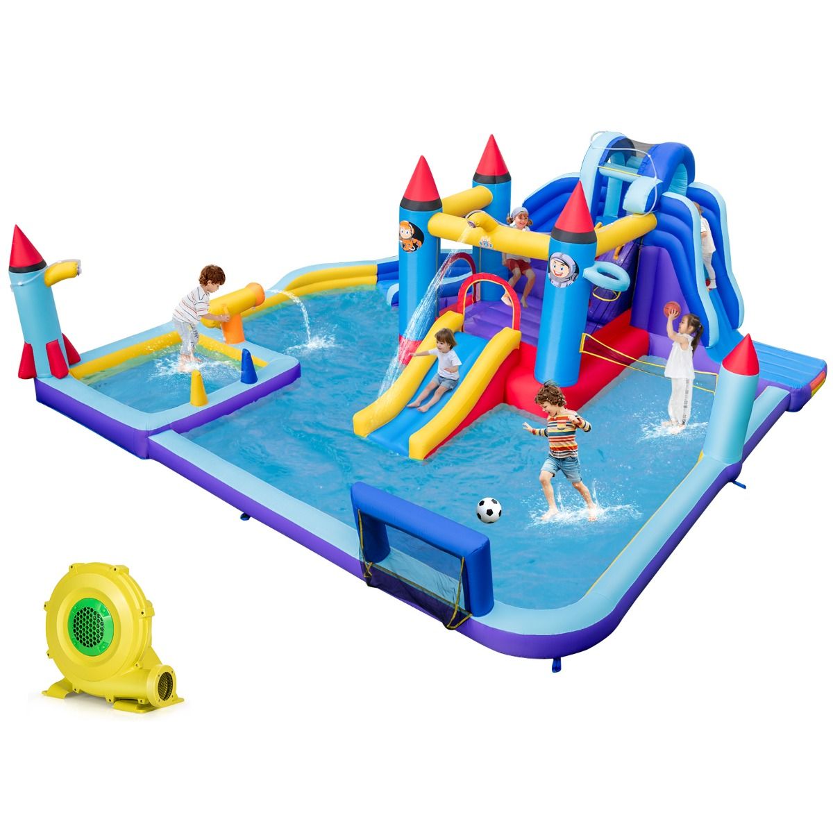 Château Gonflable à Toboggans Aquatiques Thème de La Fusée pour Enfants Piscine Zone de Saut Pistolet à Eau Escalade Souffleur de 850 W Multicolore