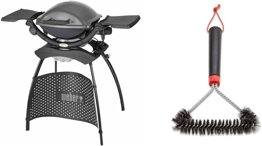 Weber Q1400 Barbecue électrique avec support, surface de cuisson 43 x 32 cm, nomade, grille en fonte émaillée divisée en 2 parties, couvercle et cuve en fonte d'aluminium - Gris foncé (52020853)