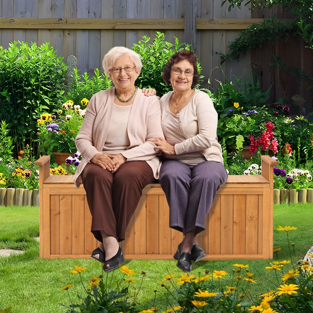 Banc de Rangement en Bois Banc d'Extérieur à 2 Places de 209 L avec Accoudoirs Coffre de Stockage en Bois Charge 100KG Naturel